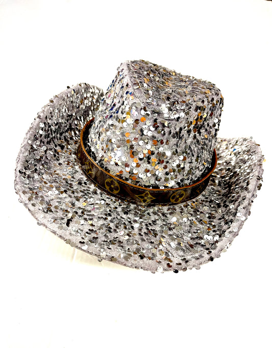 Silver Sequin Cowgirl Hat with flourish hat belt - Patches Of Upcycling