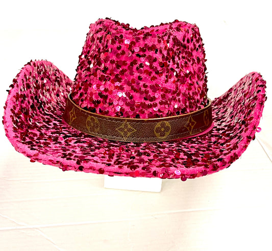 Pink Sequin Cowgirl Hat with flourish hat belt - Patches Of Upcycling