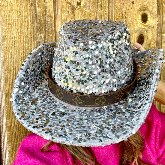 Silver Sequin Cowgirl Hat with flourish hat belt - Patches Of Upcycling