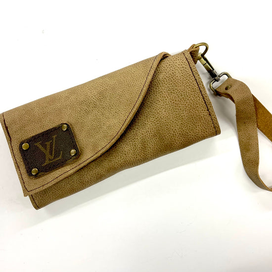 Tri Fold Wristlet Wallet, Solid Color Options -Holds large phone too - Patches Of Upcycling No Fringe / Smooth Camel Hide Handbags Patches Of Upcycling