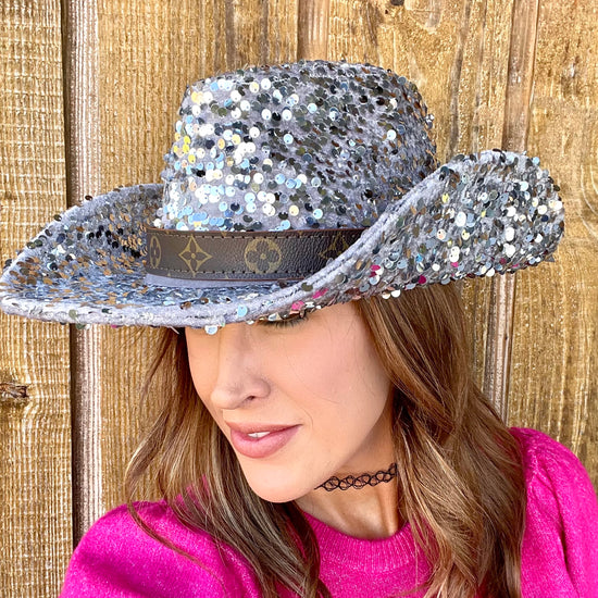 Silver Sequin Cowgirl Hat with flourish hat belt - Patches Of Upcycling