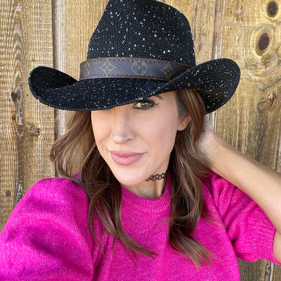 Black Sparkle Cowgirl Hat with flourish hat belt UPF 50+ sun protection - Patches Of Upcycling