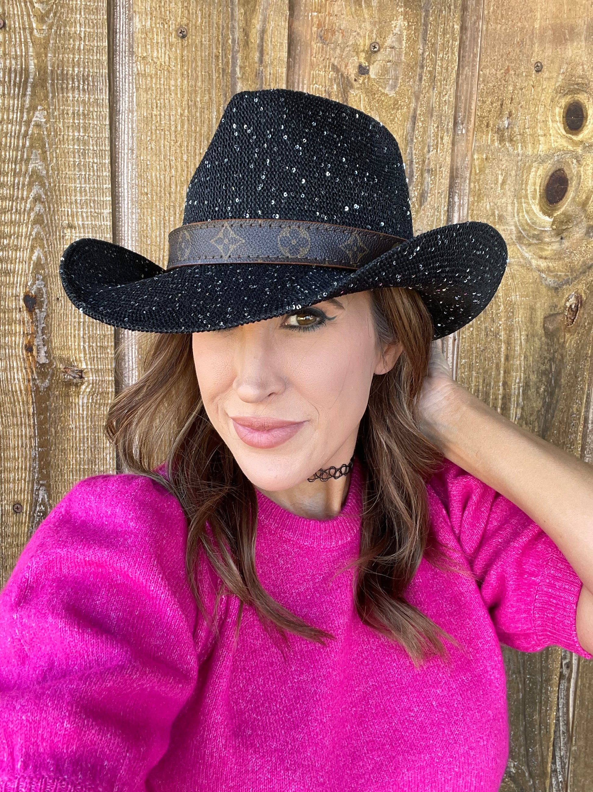 Black Sparkle Cowgirl Hat with flourish hat belt UPF 50+ sun protection - Patches Of Upcycling