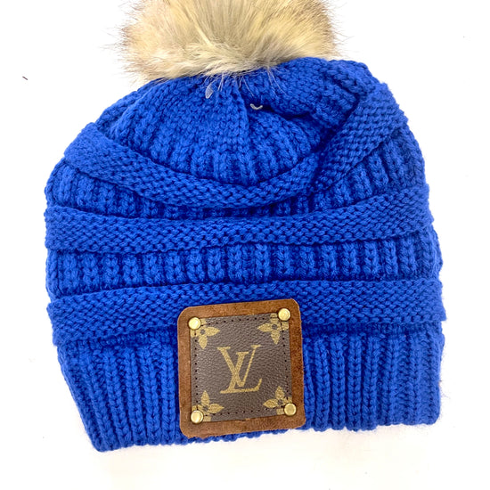 Royal Blue Beanie with brown patch antique hardware - Patches Of Upcycling