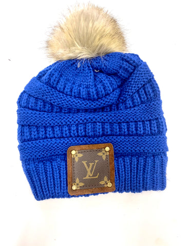 Royal Blue Beanie with brown patch antique hardware