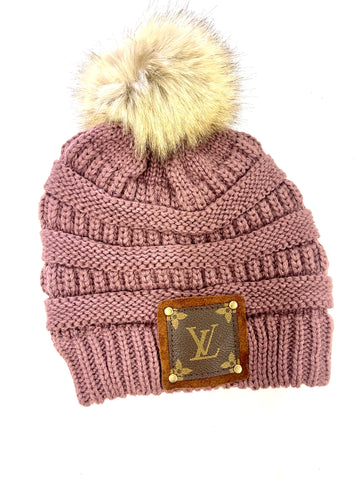 Plum Beanie with brown patch antique hardware