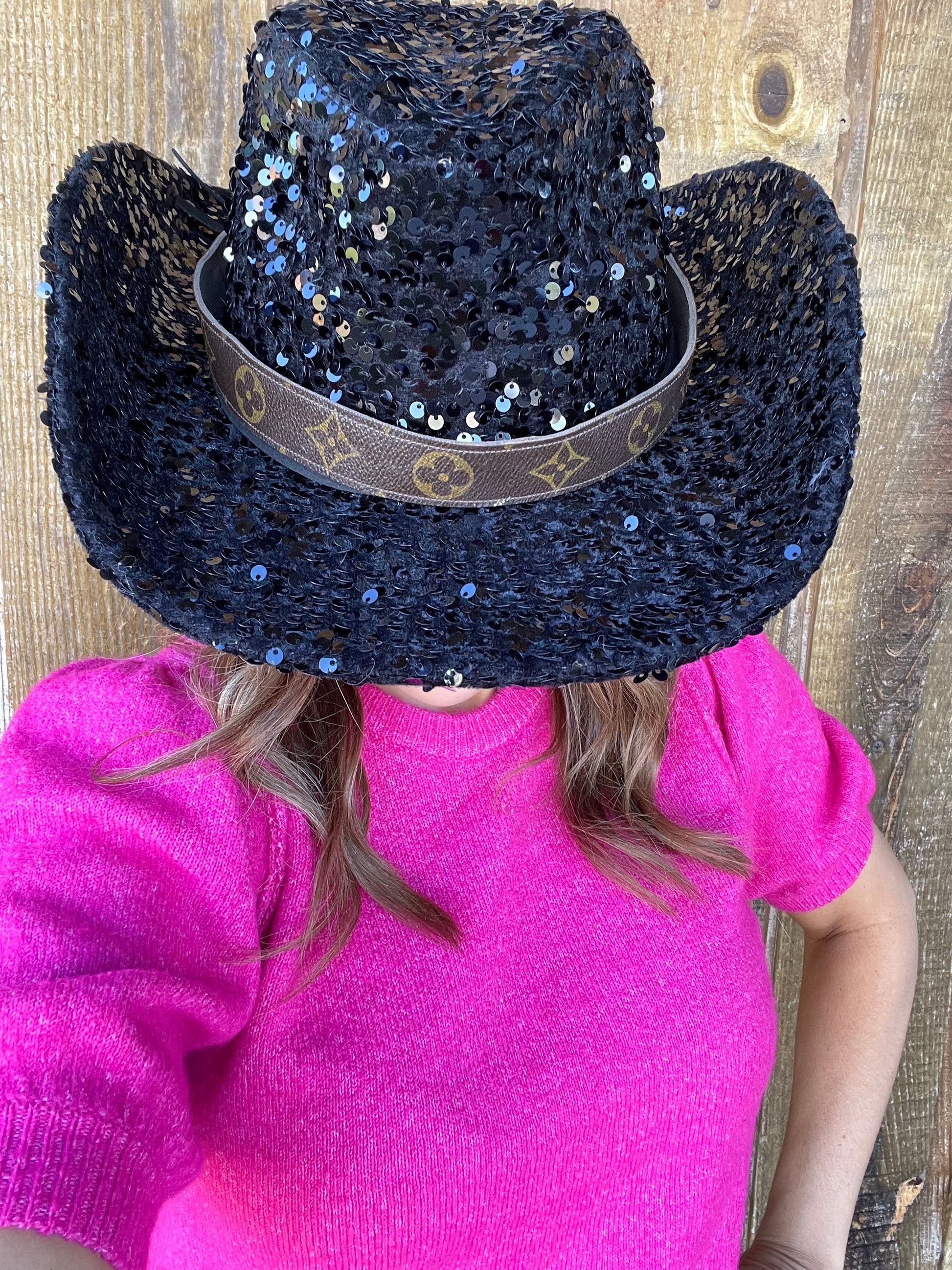 Black Sequin Cowgirl Hat with flourish hat belt - Patches Of Upcycling