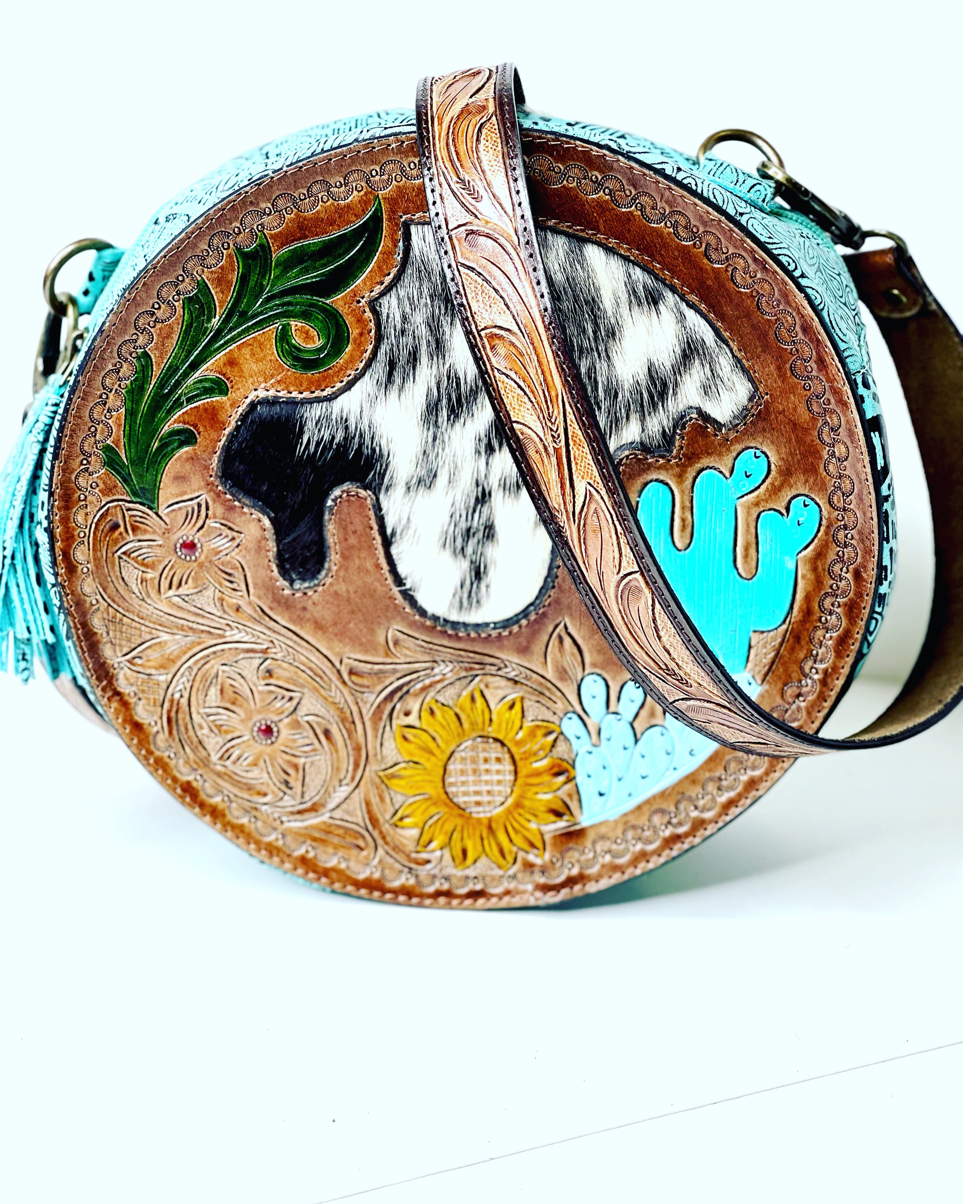 Tooled Crossbody - Cactus in turquoise - Patches Of Upcycling