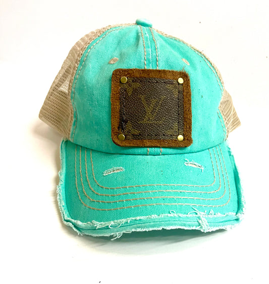 SS7- Tiffany/Aqua Blue w/Cream mesh backing, Full Distressed Brim, Brown/Gold