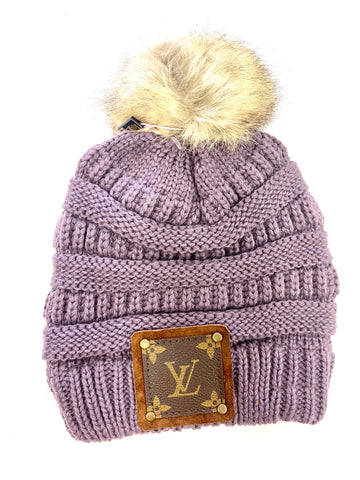 Lavender Beanie with brown patch antique hardware