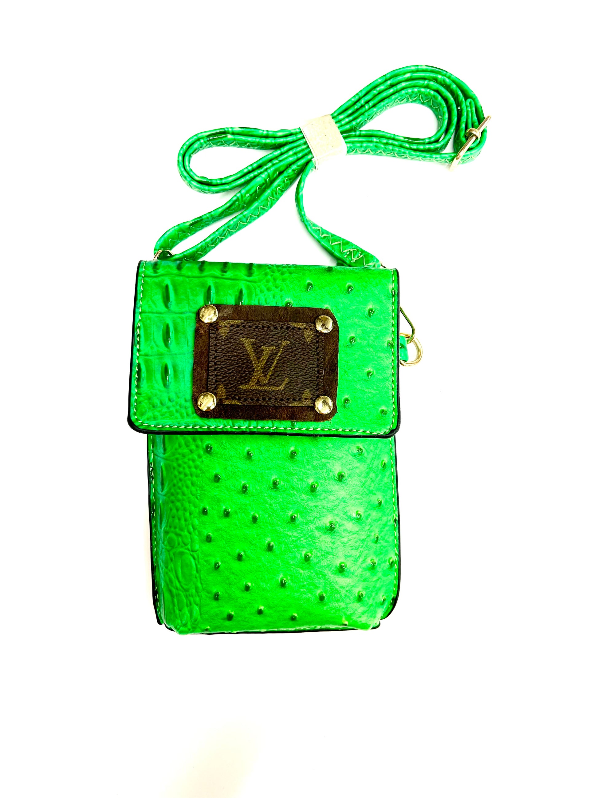 Phone Crossbody Neon Croc (short brown patch, gold hardware) - Patches Of Upcycling