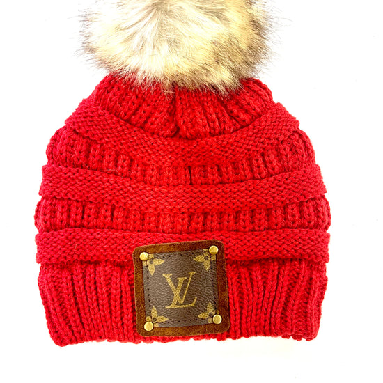 Red Beanie with brown patch antique hardware - Patches Of Upcycling