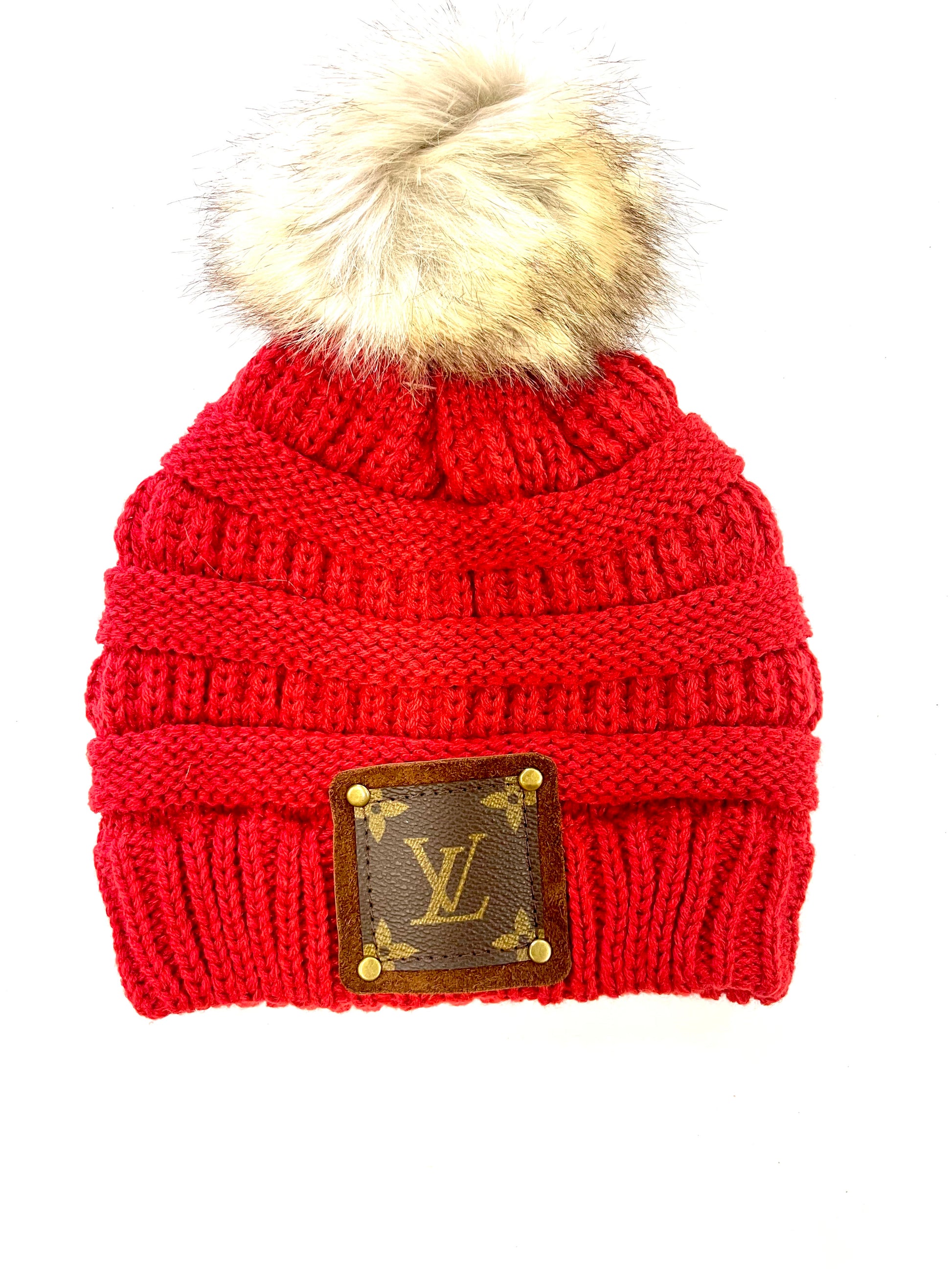 Red Beanie with brown patch antique hardware - Patches Of Upcycling