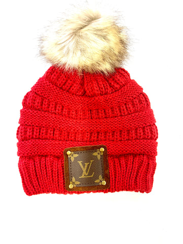 Red Beanie with brown patch antique hardware