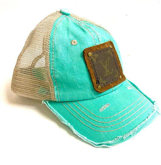 SS7- Tiffany/Aqua Blue w/Cream mesh backing, Full Distressed Brim, Brown/Gold