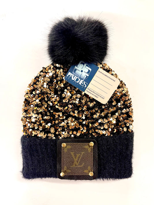 Sequin blVlack/Gold Beanie with LV patch in Black/Gold