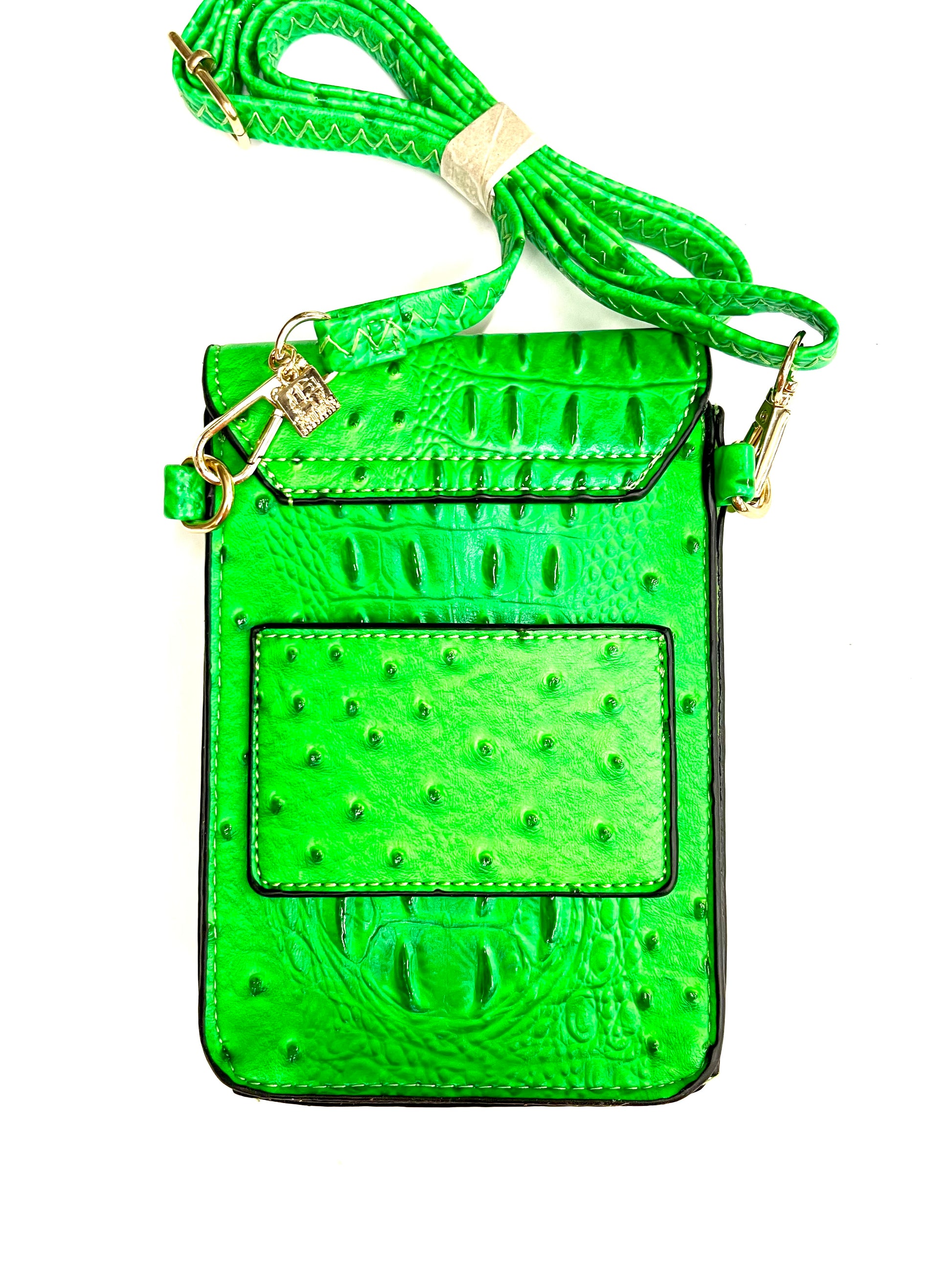 Phone Crossbody Neon Croc (short brown patch, gold hardware) - Patches Of Upcycling