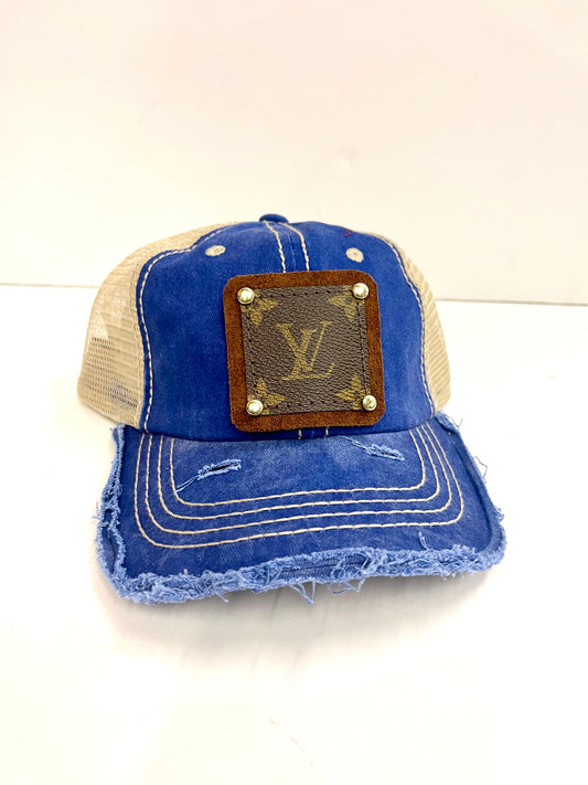 SS6- Royal Blue w/Cream mesh backing,Full Distressed Brim, Brown/Antique