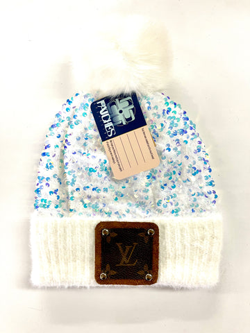 Sequin White/Iridescent  Beanie with LV patch in Brown/Silver
