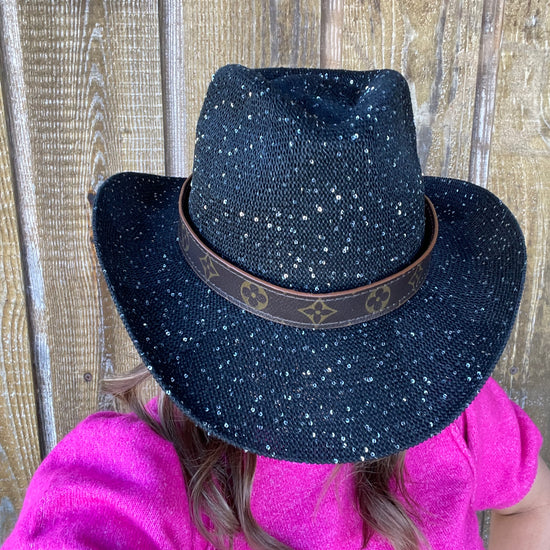 Black Sparkle Cowgirl Hat with flourish hat belt UPF 50+ sun protection - Patches Of Upcycling