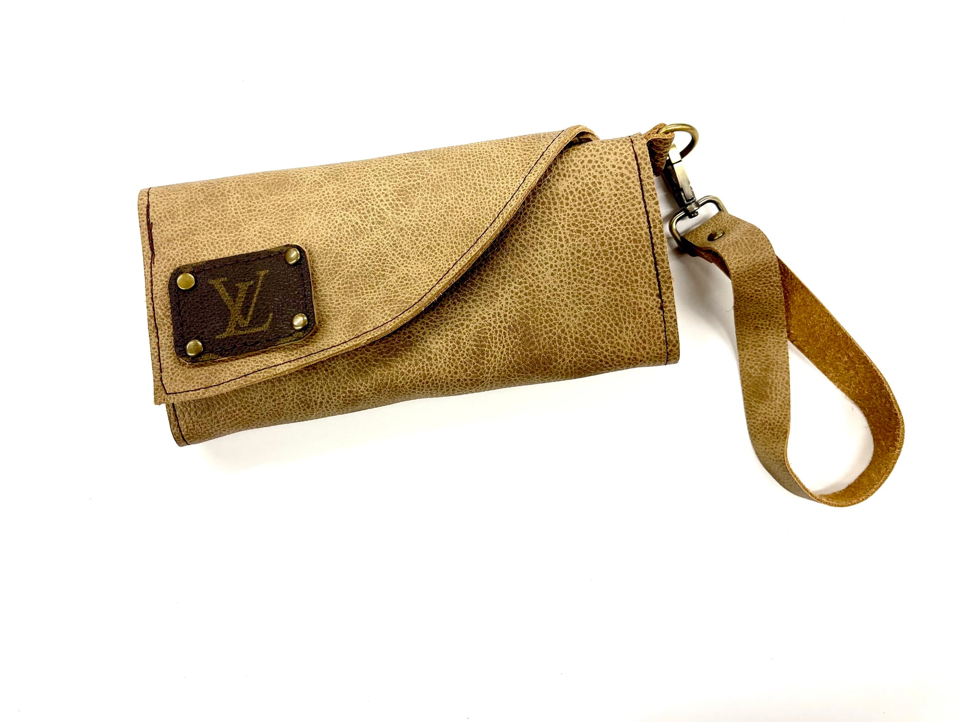 Tri Fold Wristlet Wallet, Solid Color Options -Holds large phone too - Patches Of Upcycling Yes Fringe / Smooth Camel Hide Handbags Patches Of Upcycling