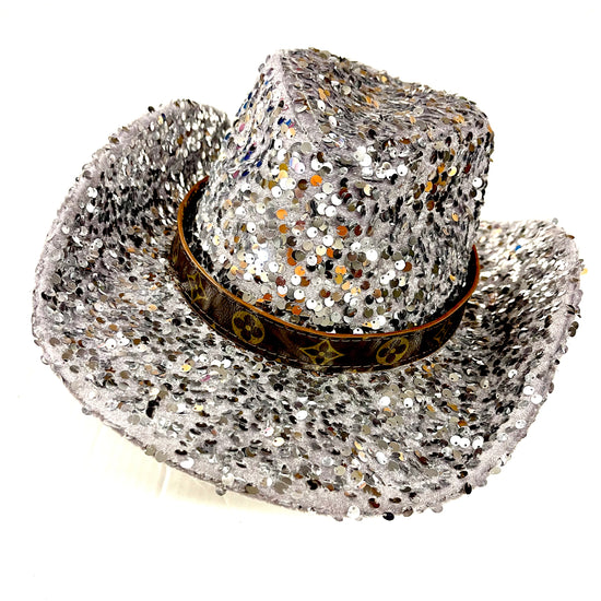 Silver Sequin Cowgirl Hat with flourish hat belt - Patches Of Upcycling