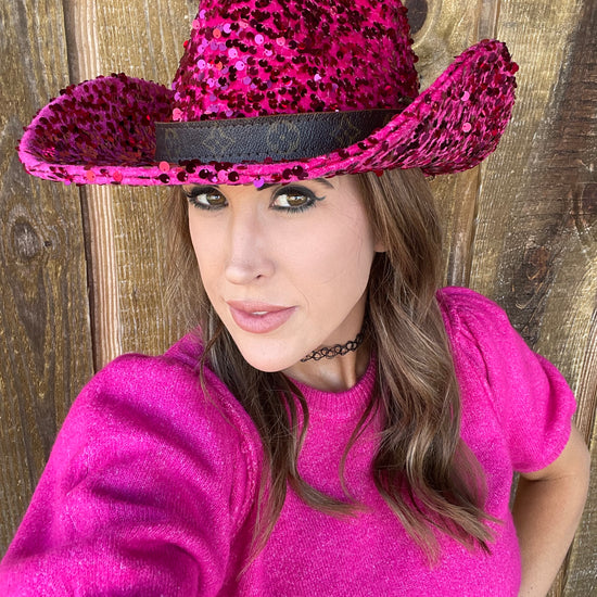 Pink Sequin Cowgirl Hat with flourish hat belt - Patches Of Upcycling