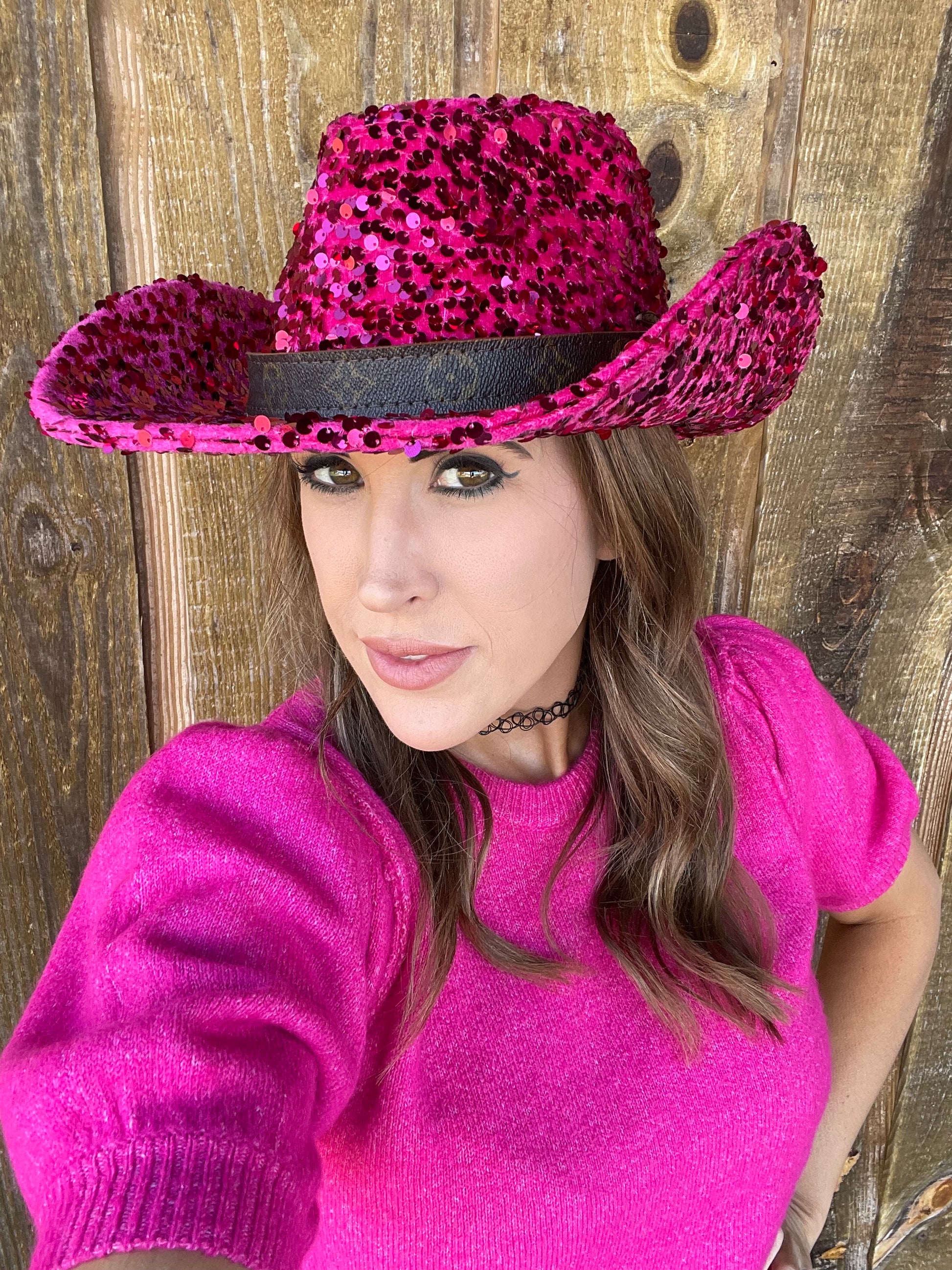 Pink Sequin Cowgirl Hat with flourish hat belt - Patches Of Upcycling