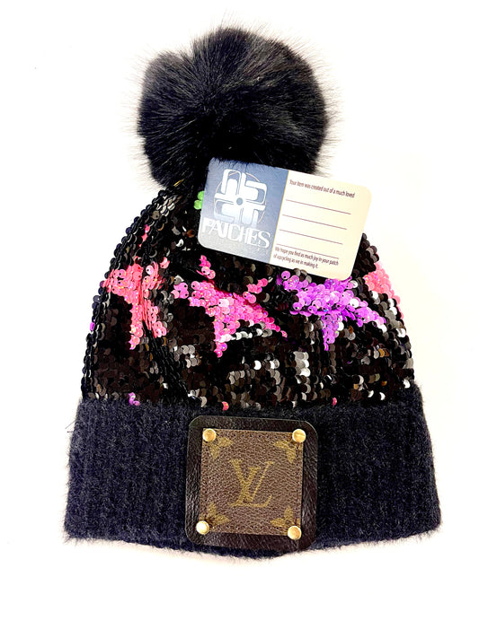 Beanie Sequin black and Colorful Stars Beanie with LV patch in Black/Gold