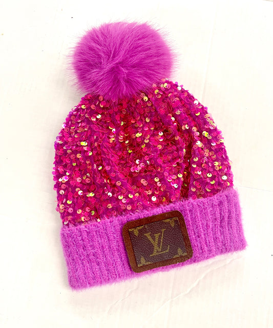 Hot Pink Sequin Beanie with Short brown patch antique hardware
