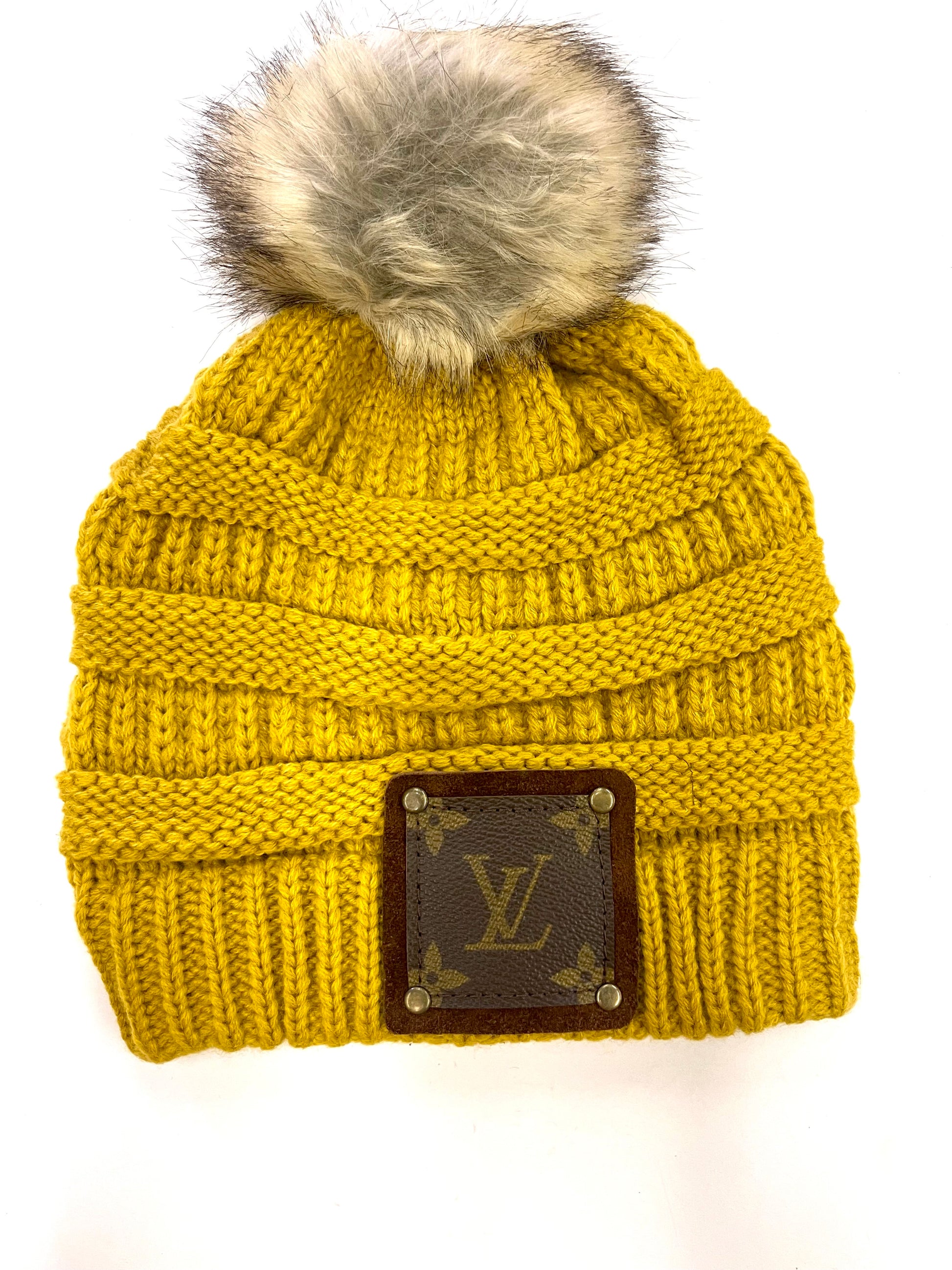 Mustard Beanie with brown patch antique hardware - Patches Of Upcycling