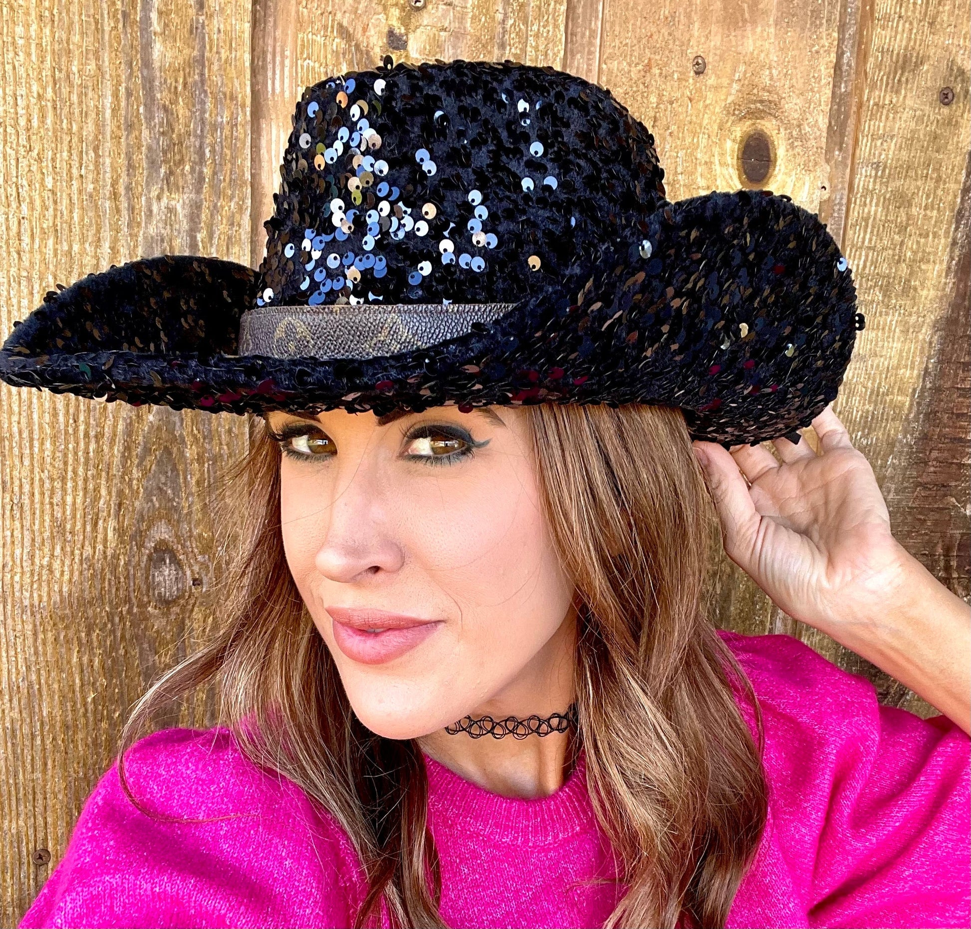 Black Sequin Cowgirl Hat with flourish hat belt - Patches Of Upcycling