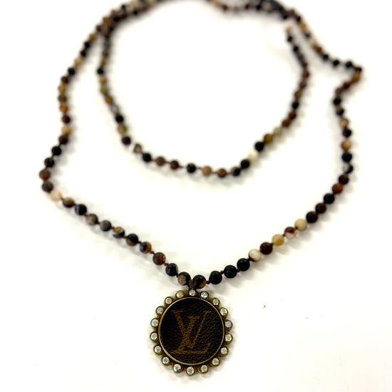 Stone- Black & brown swirl necklace with large teardrop pendant - Patches Of Upcycling