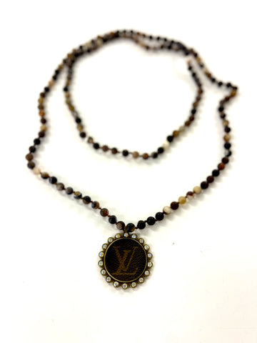 Stone- Black & brown swirl necklace with large teardrop pendant - Patches Of Upcycling