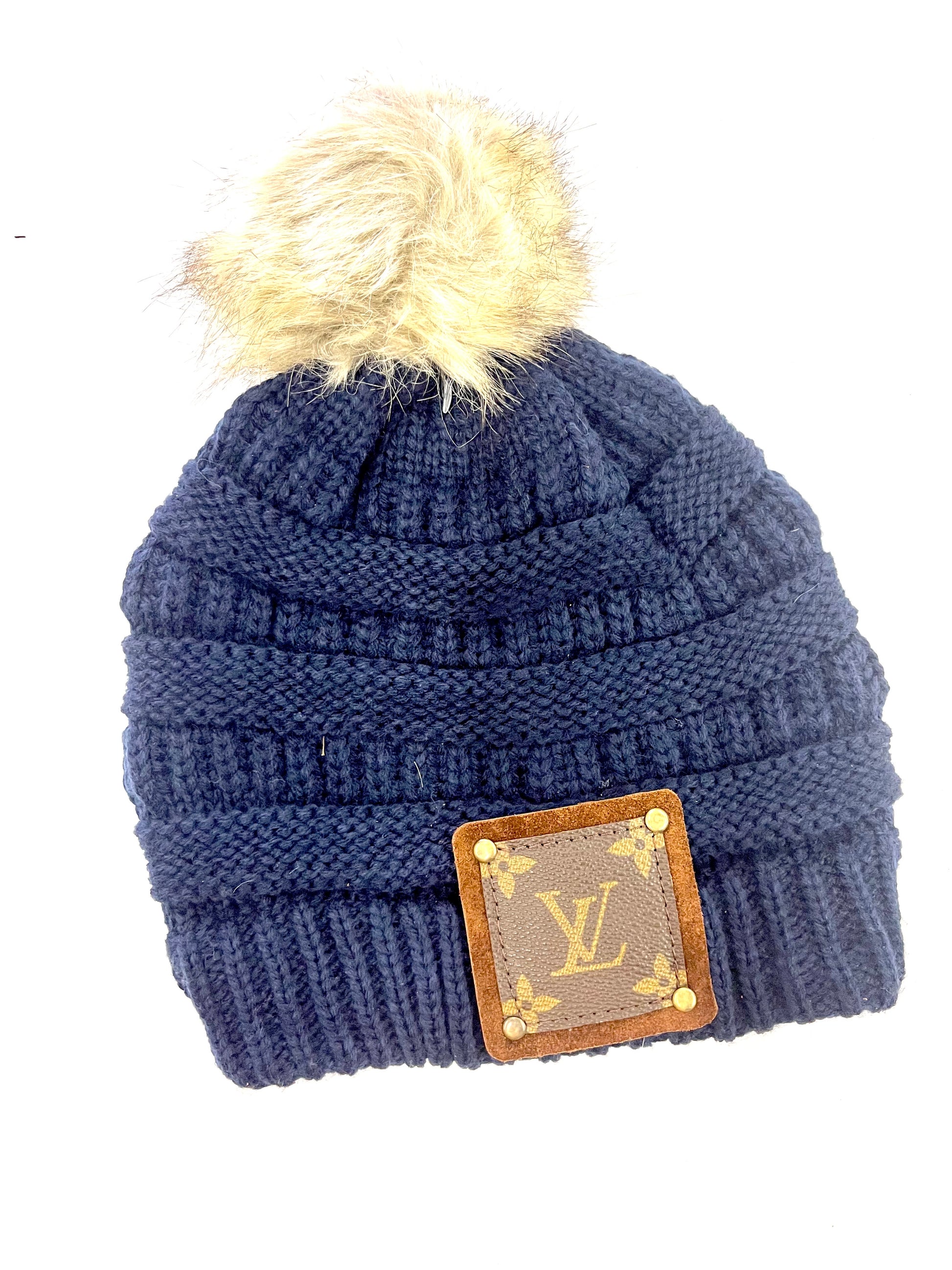 Navy Beanie with brown patch antique hardware - Patches Of Upcycling