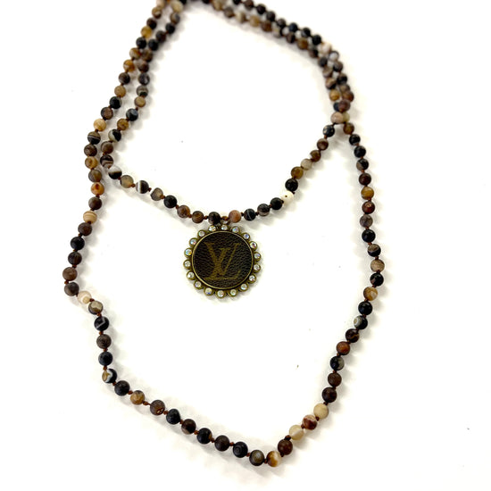 Stone- Black & brown swirl necklace with large teardrop pendant - Patches Of Upcycling