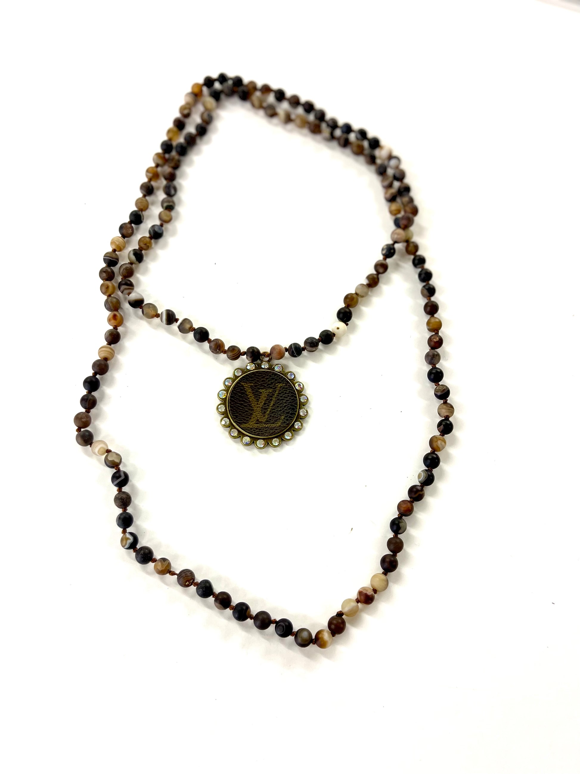 Stone- Black & brown swirl necklace with large teardrop pendant - Patches Of Upcycling