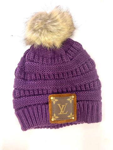 Purple Beanie with brown patch antique hardware