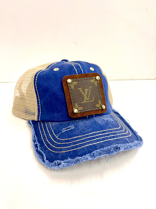 SS6- Royal Blue w/Cream mesh backing,Full Distressed Brim, Brown/Antique