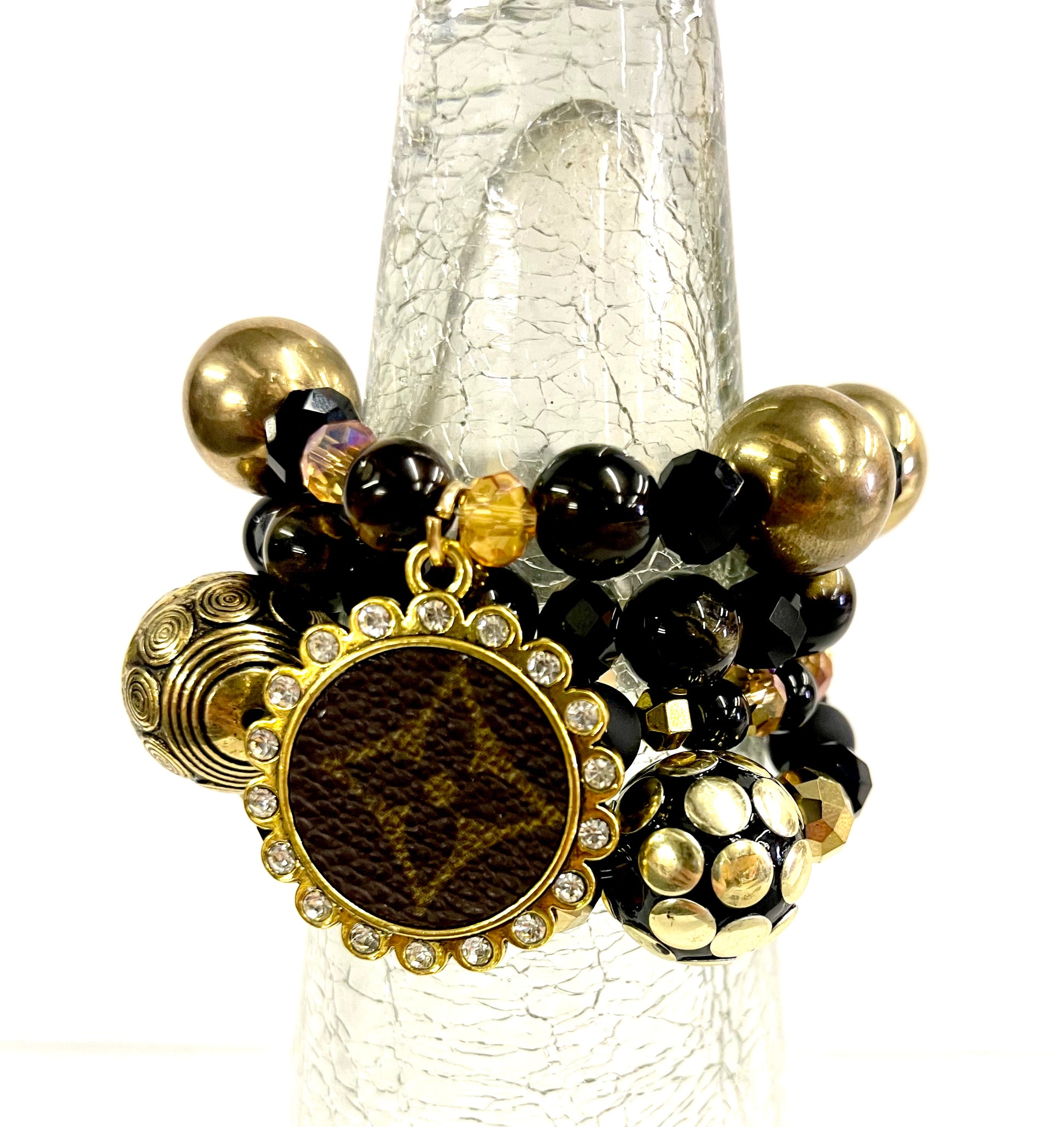 Black and Gold bling Stacked Bracelet set- Gold Clear - Patches Of Upcycling