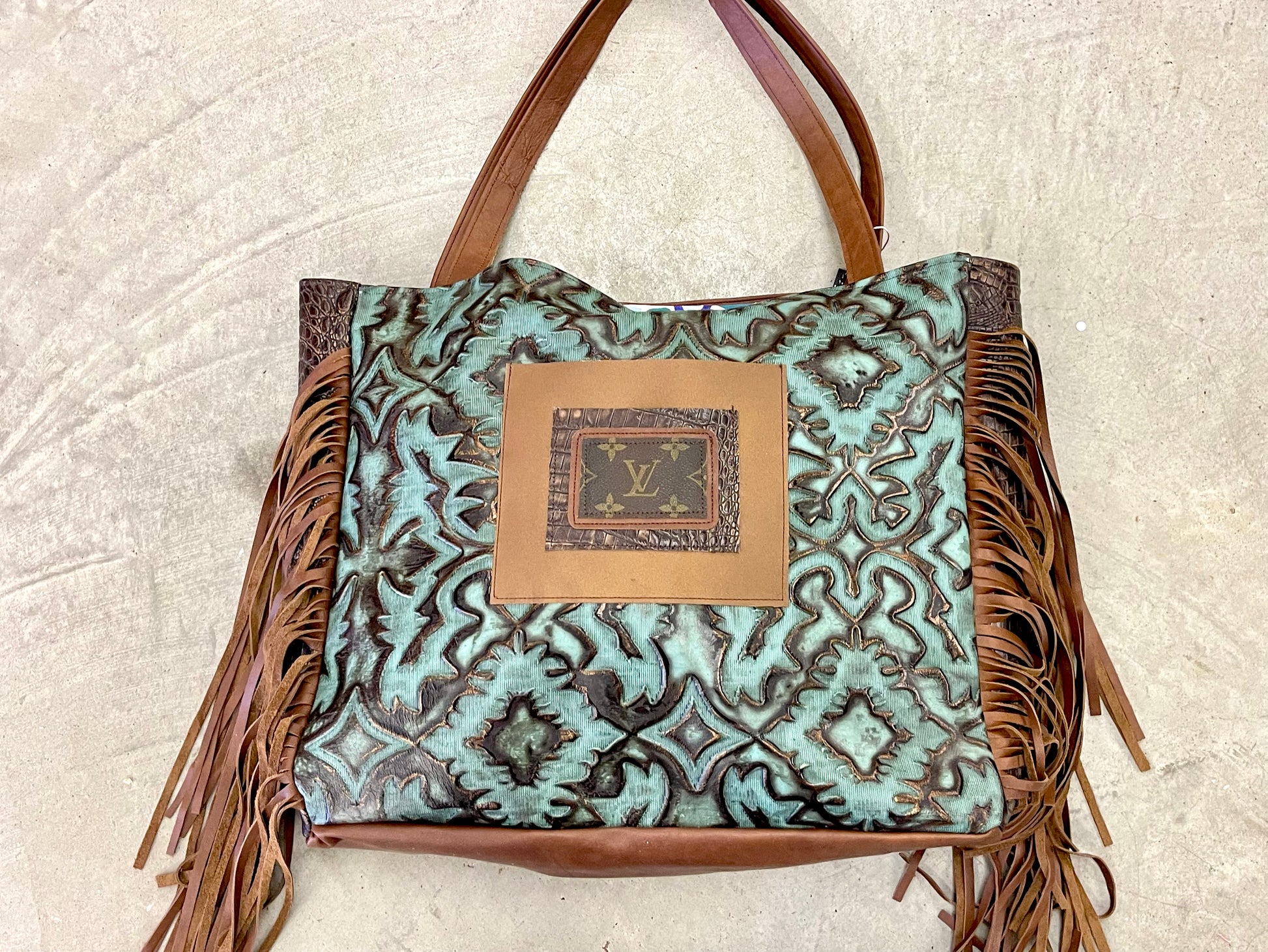 Leather Tote in Iridescent Turquoise with Brown Embossed Crocodile side - Patches Of Upcycling