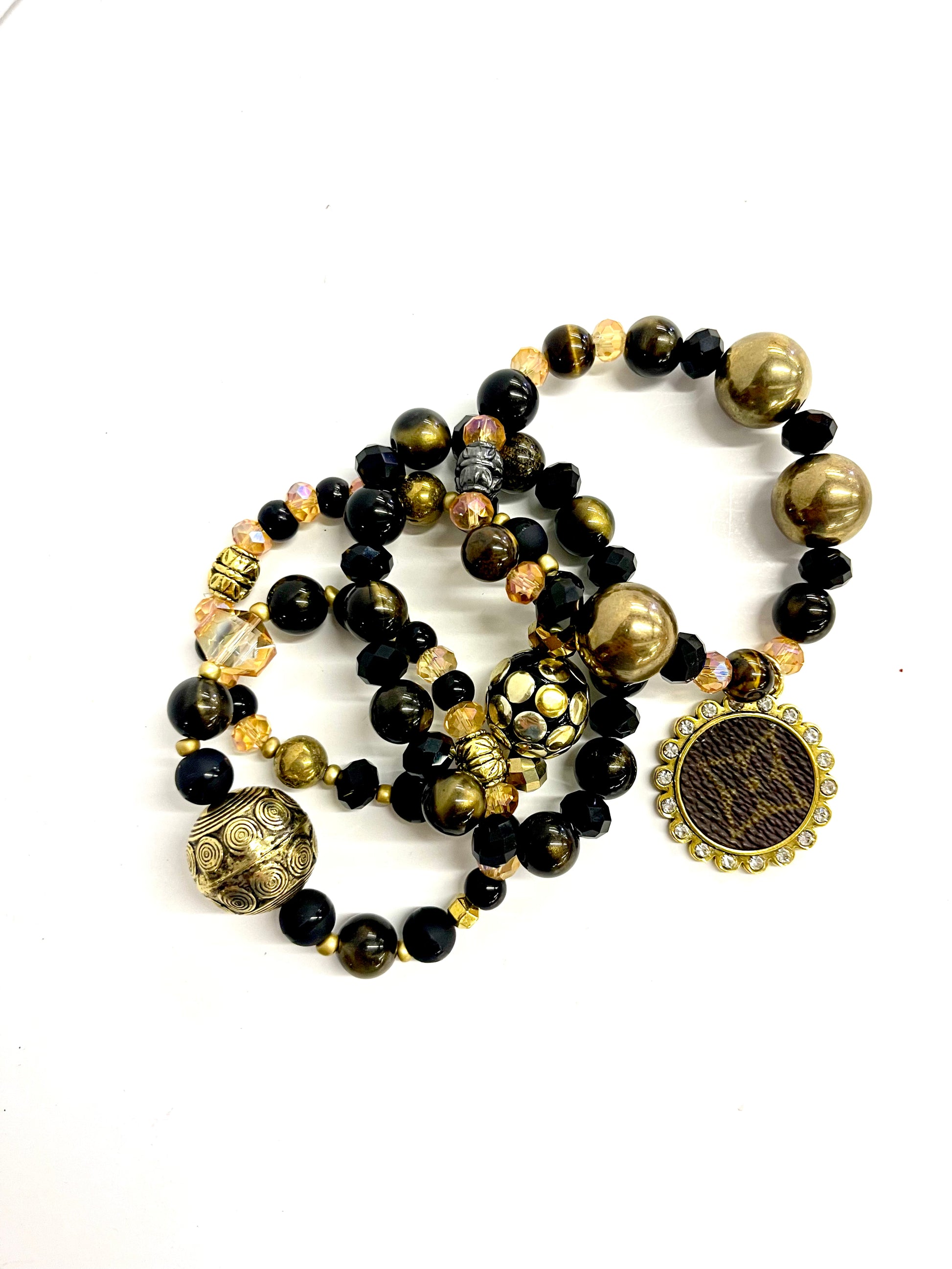 Black and Gold bling Stacked Bracelet set- Gold Clear - Patches Of Upcycling