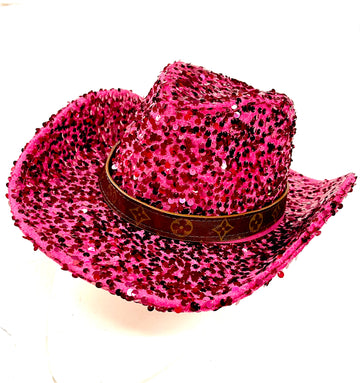 Pink Sequin Cowgirl Hat with flourish hat belt