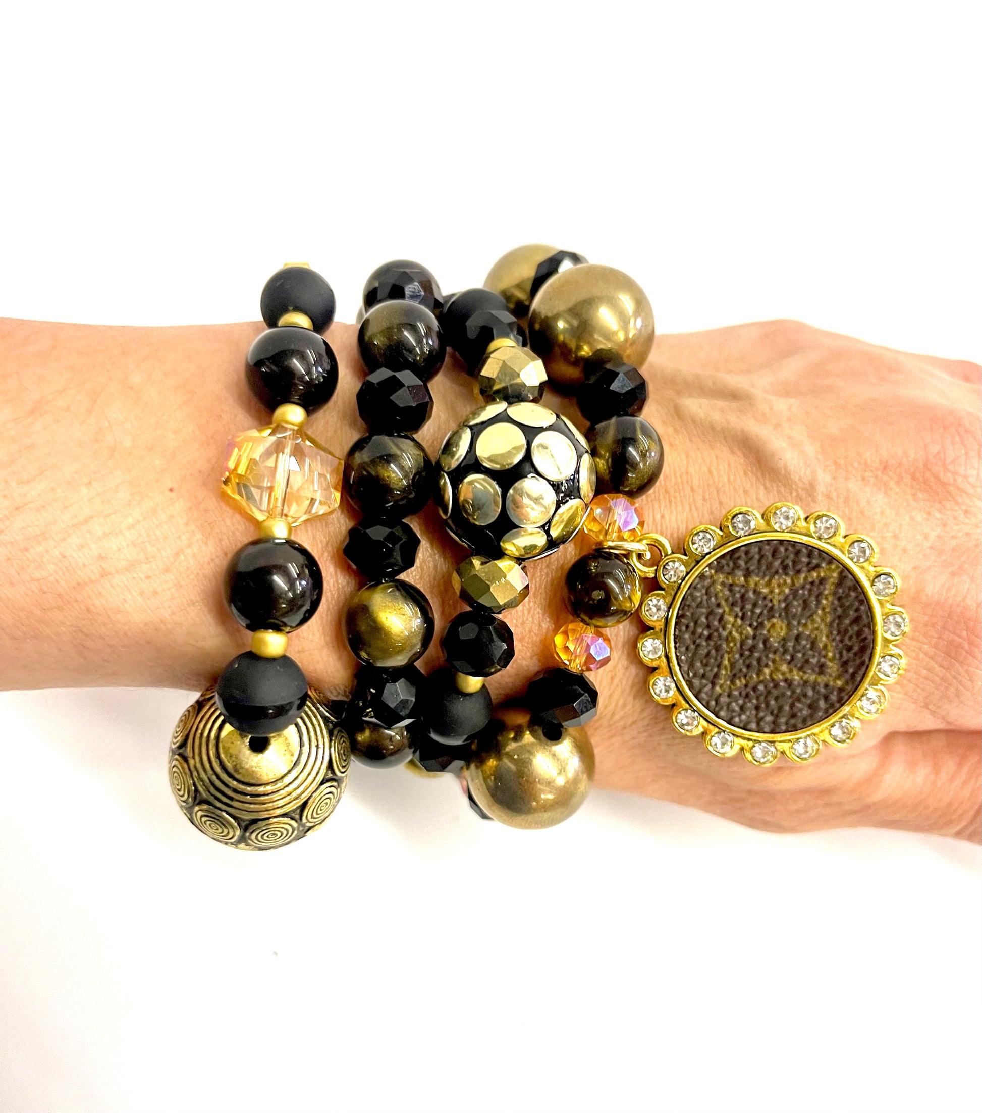 Black and Gold bling Stacked Bracelet set- Gold Clear - Patches Of Upcycling