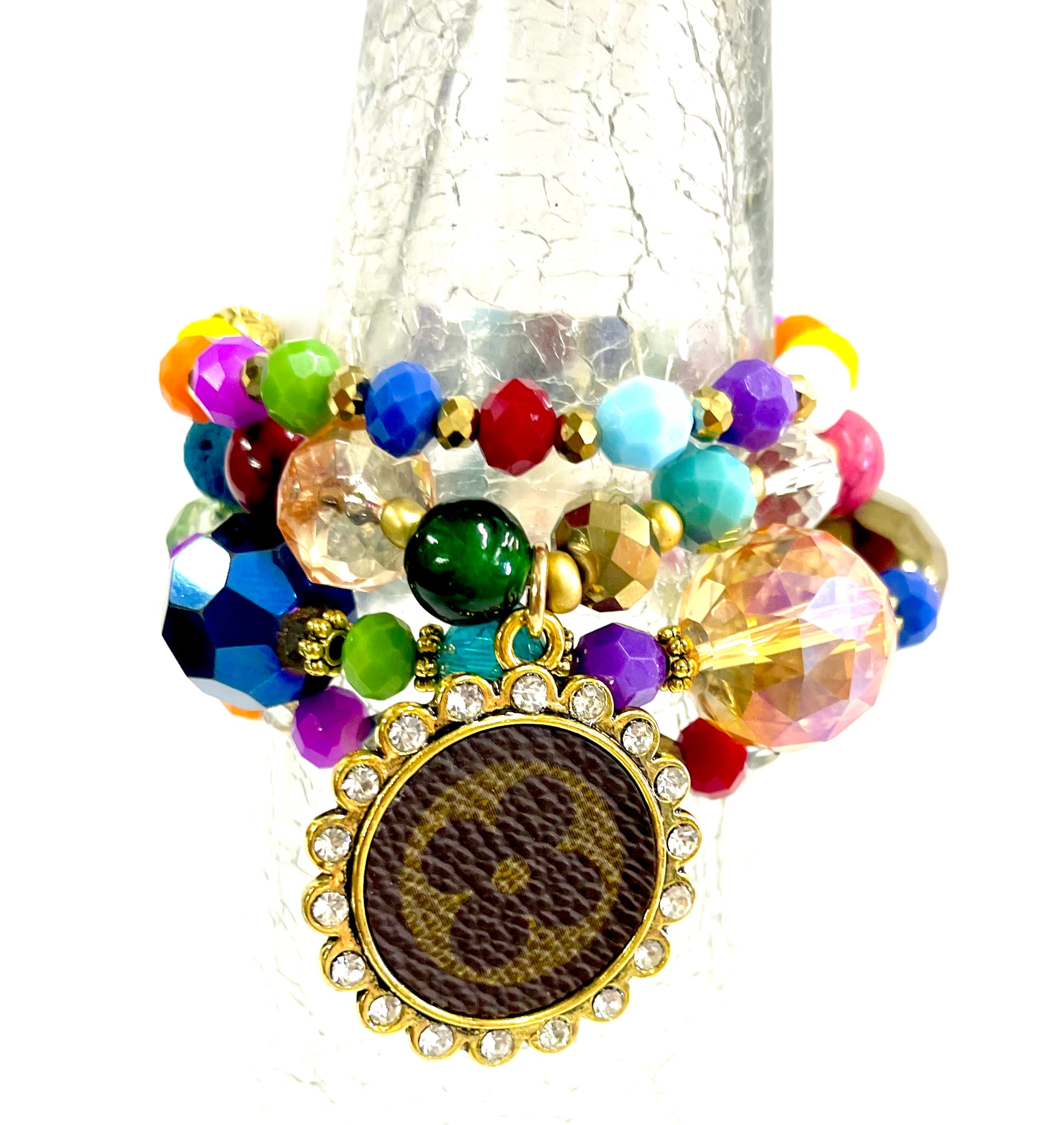 Rainbow Bright bling Stacked Bracelet set- Gold Clear - Patches Of Upcycling