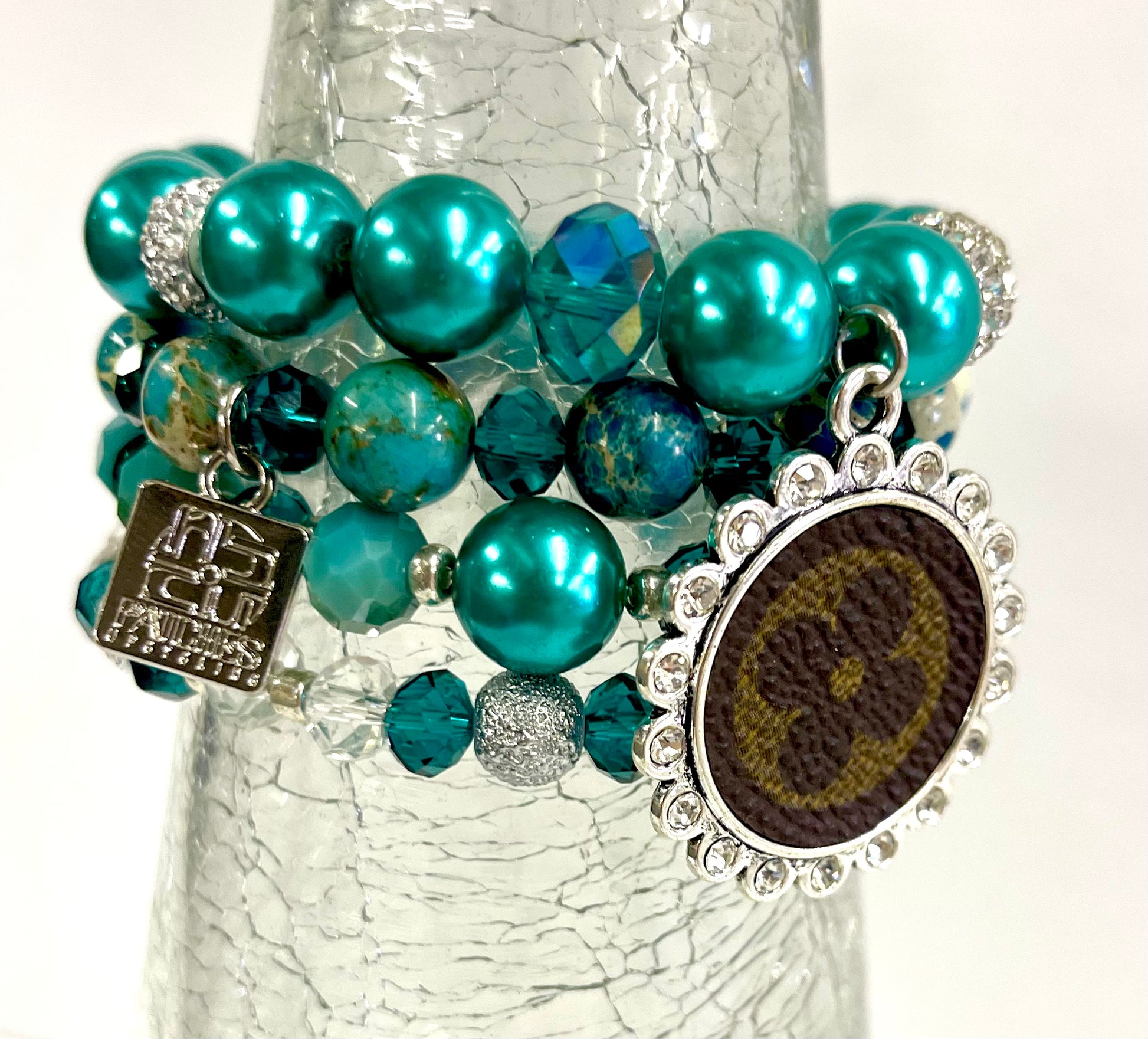 Turquoise bling Stacked Bracelet set- Silver Clear - Patches Of Upcycling