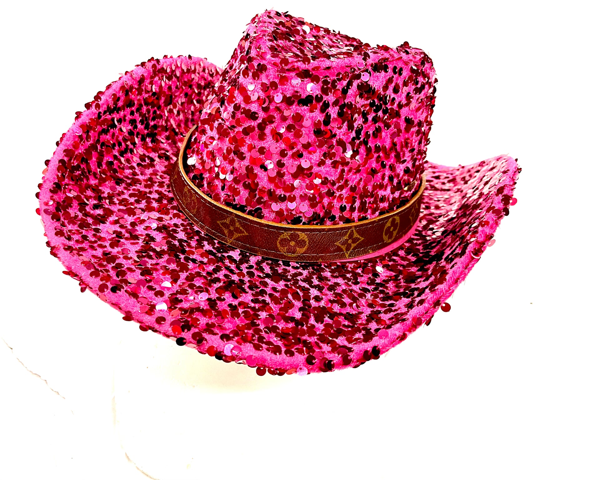 Pink Sequin Cowgirl Hat with flourish hat belt - Patches Of Upcycling