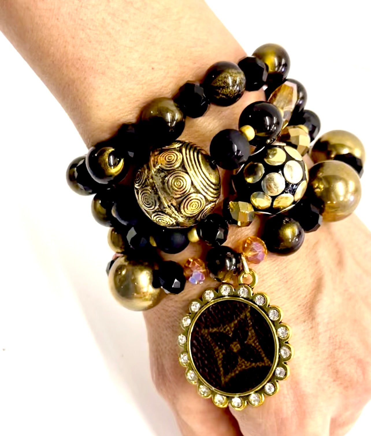 Black and Gold bling Stacked Bracelet set- Gold Clear - Patches Of Upcycling