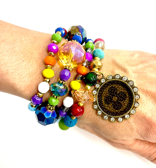 Rainbow Bright bling Stacked Bracelet set- Gold Clear - Patches Of Upcycling