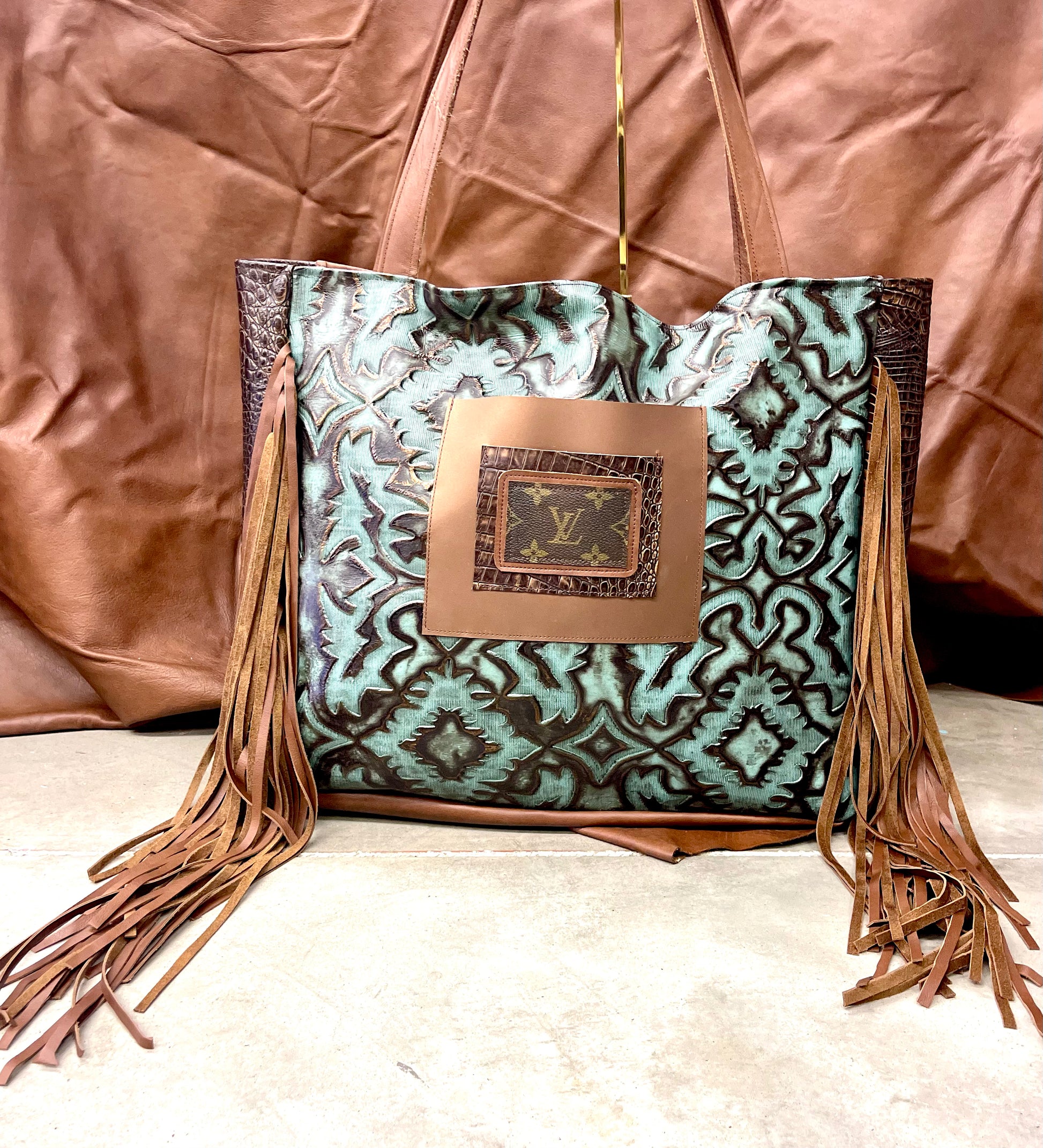 Leather Tote in Iridescent Turquoise with Brown Embossed Crocodile side - Patches Of Upcycling